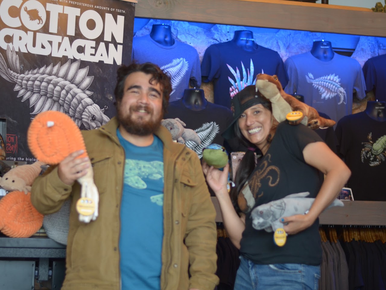 Victoria and colleague with marine science merch